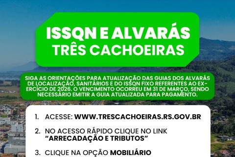 Prefeitura de Três Cachoeiras orienta sobre atualização de guias de Alvarás e ISSQN Fixo 2026