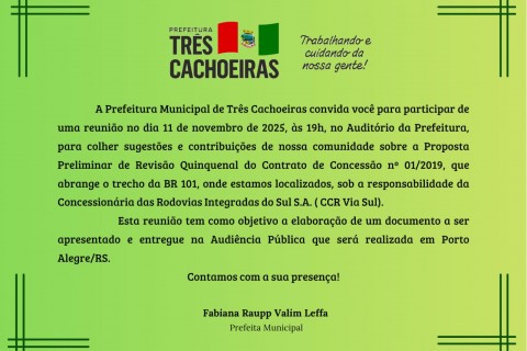 Prefeitura de Três Cachoeiras convida lideranças comunitárias para reunião sobre revisão do contrato da BR-101